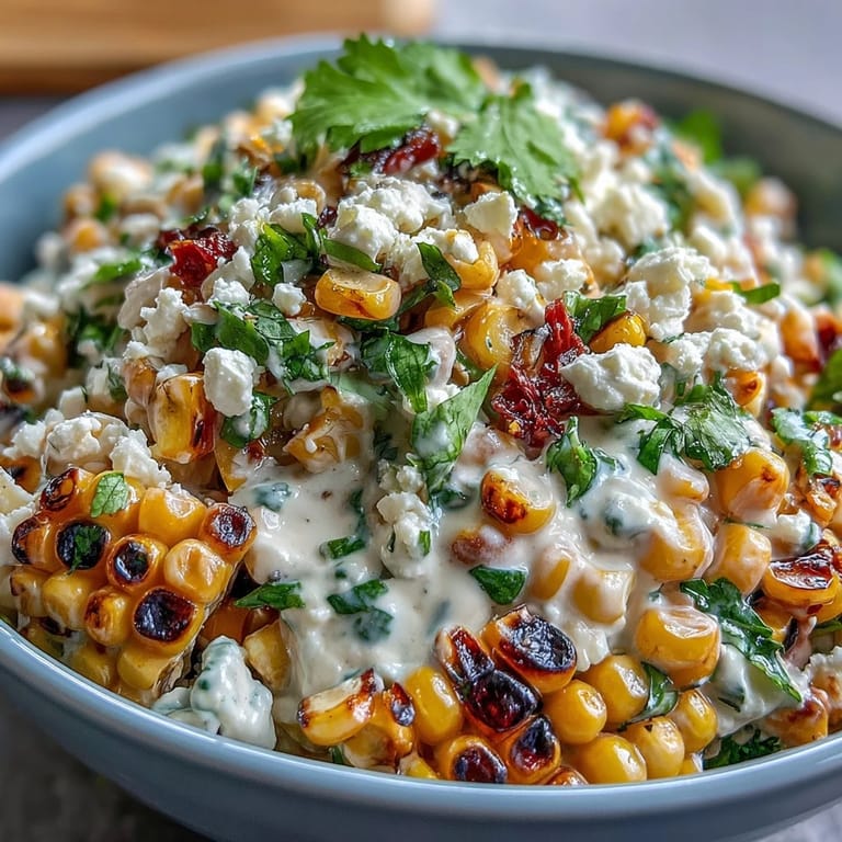 Fresh Mexican Street Corn Salad with bright red bell pepper, red onion, and herbs, perfect for summer barbecues and gatherings.