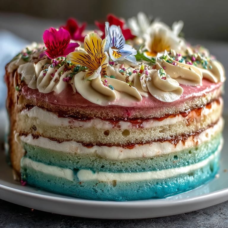 Beautiful pastel ombre layer cake decorated with buttercream swirls and a vibrant edible floral topper, perfect for spring celebrations or special occasions.  