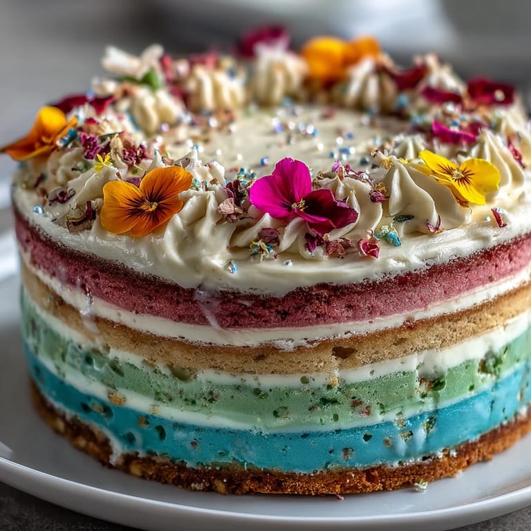 Elegant spring cake with pastel ombre interior and buttercream frosting, crowned with a stunning edible flower arrangement for a fresh, seasonal dessert.