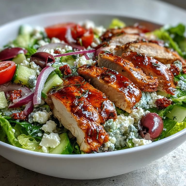 Healthy and satisfying, this Greek salad bowl with grilled chicken is perfect for a light, protein-packed meal.