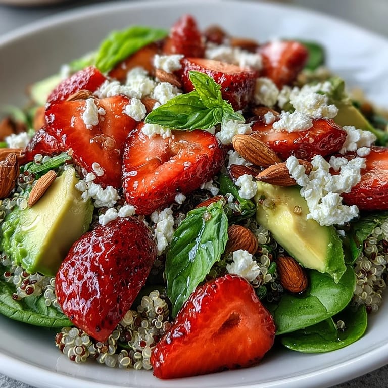 Refreshing strawberry avocado quinoa salad featuring ripe berries, diced avocado, and fluffy quinoa for a nutritious meal.