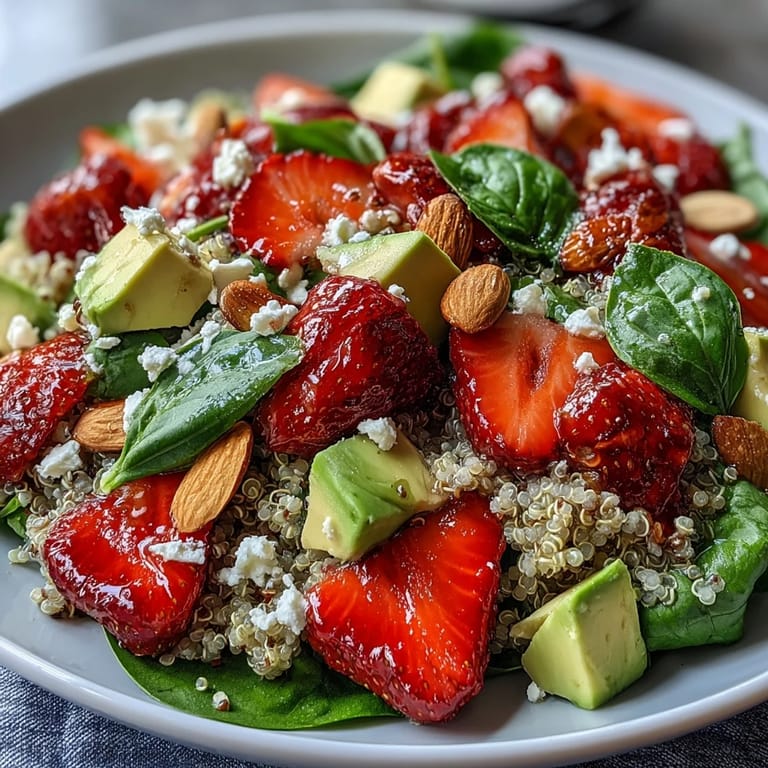 Colorful strawberry avocado quinoa salad tossed with toasted nuts, fresh herbs, and zesty lemon dressing.