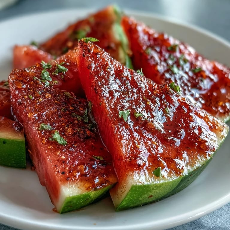 Refreshing watermelon sticks dusted with Tajin and lime zest, served chilled for a light, zesty snack ideal for warm days.