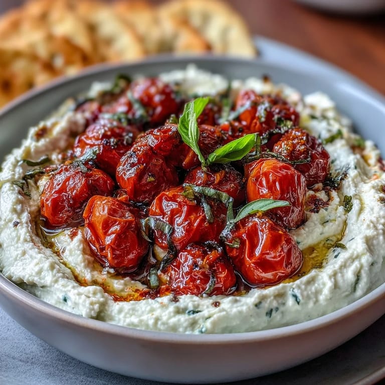 Tangy whipped feta spread with caramelized cherry tomatoes and basil, ideal as a Mediterranean appetizer or party snack.