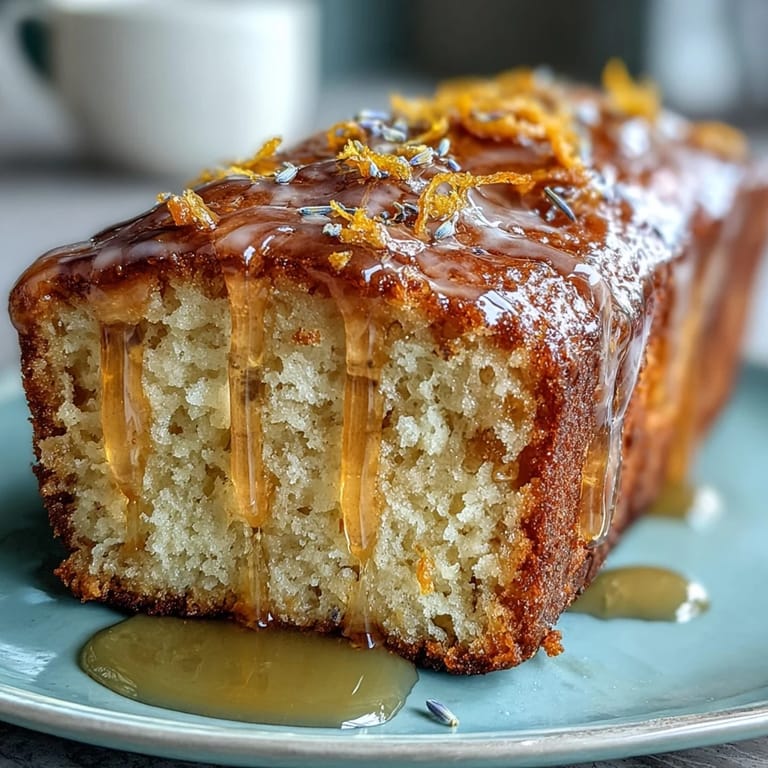 A fragrant lemon lavender loaf cake with a silky honey glaze, perfect for elegant teatime or dessert.