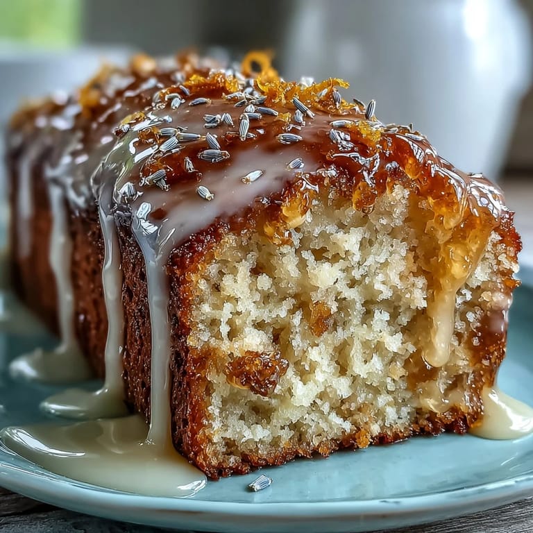 Golden lemon lavender loaf cake drizzled with a luscious honey glaze, showcasing vibrant citrus and delicate lavender.
