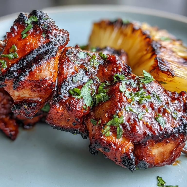 Smoky chicken al pastor skewers grilled with fresh pineapple chunks, garnished with cilantro and lime for a vibrant, flavorful main dish.