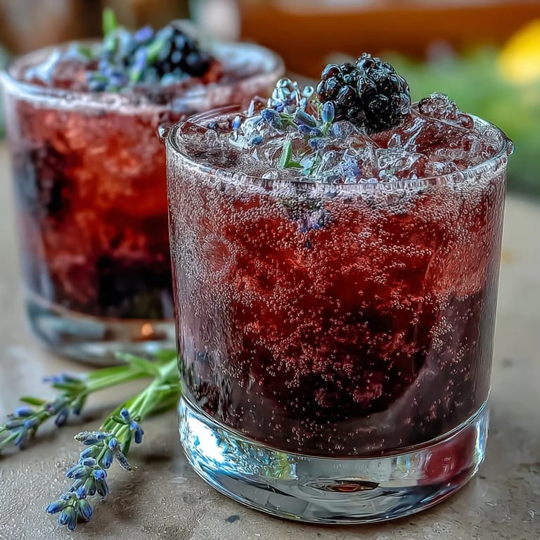 Refreshing sparkling lemonade infused with blackberries and lavender, served over ice with lemon slices.