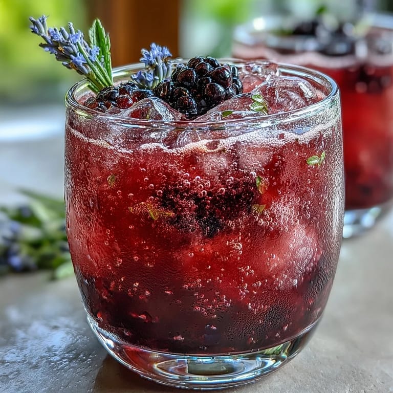A pitcher of homemade blackberry lavender lemonade fizz, garnished with fresh berries and citrus for a summery vibe.
