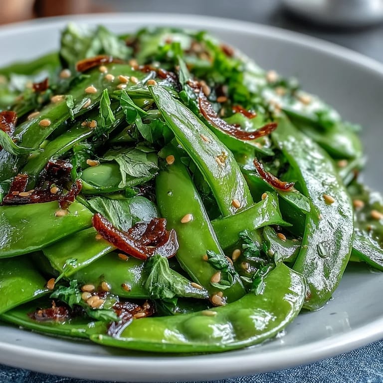 Bright green snap peas and pink radishes tossed with herbs and zesty tahini dressing, perfect for a light vegetarian meal.