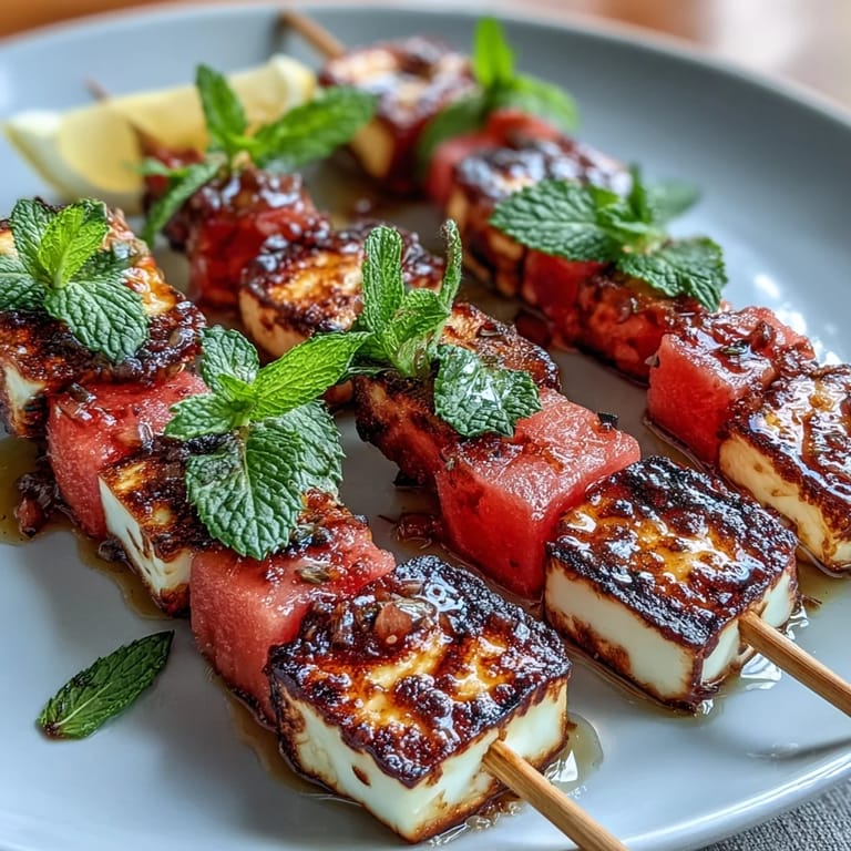 Savory halloumi cheese grills to perfection alongside sweet watermelon chunks and crisp red onion, garnished with aromatic mint leaves.