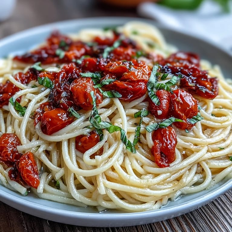 Garlicky cherry tomato confit pasta dish, visually brimming with fresh basil.