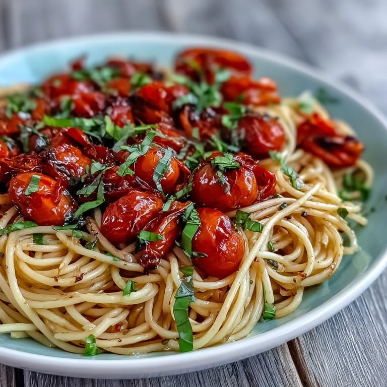 Warm plate piled high with tender cherry tomato confit pasta, ready to enjoy.