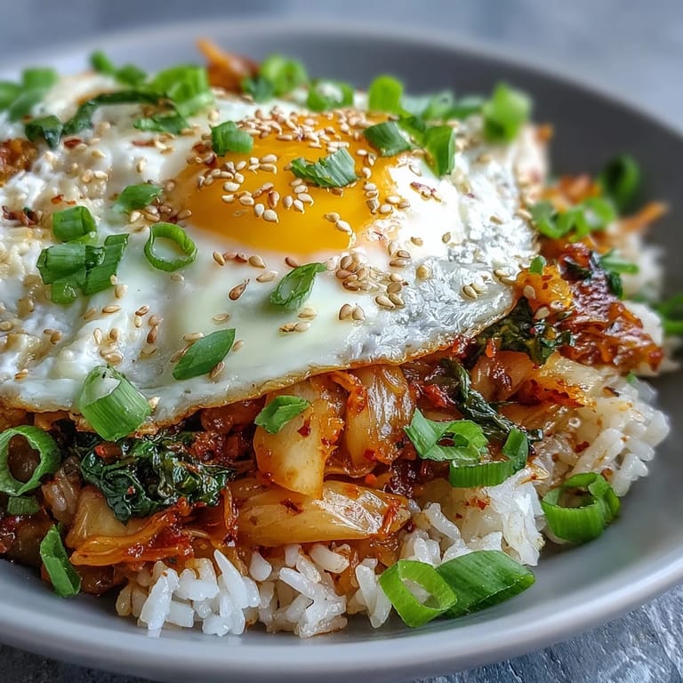 Vibrant Fermented Cabbage Kimchi Fried Rice Bowl topped with a sunny-side-up egg.