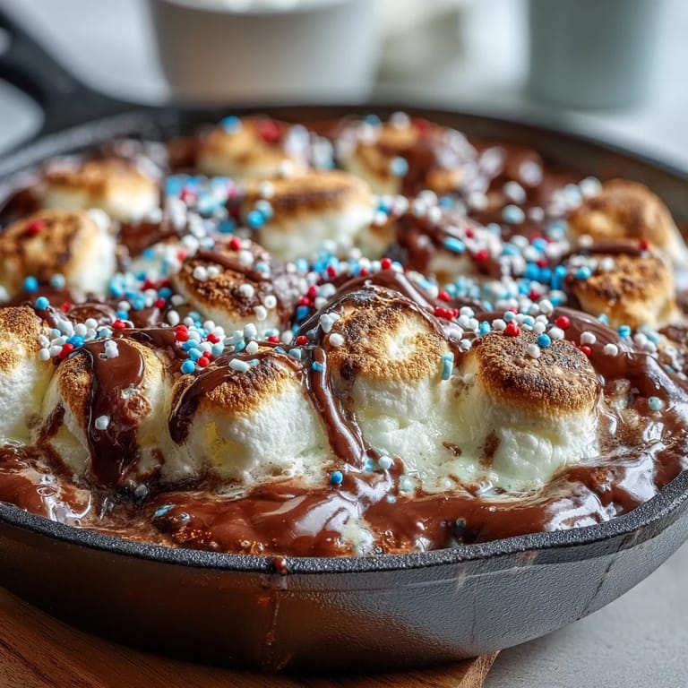 Warm, melted chocolate topped marshmallows in a cast iron for easy 4th of July S'mores Dip.