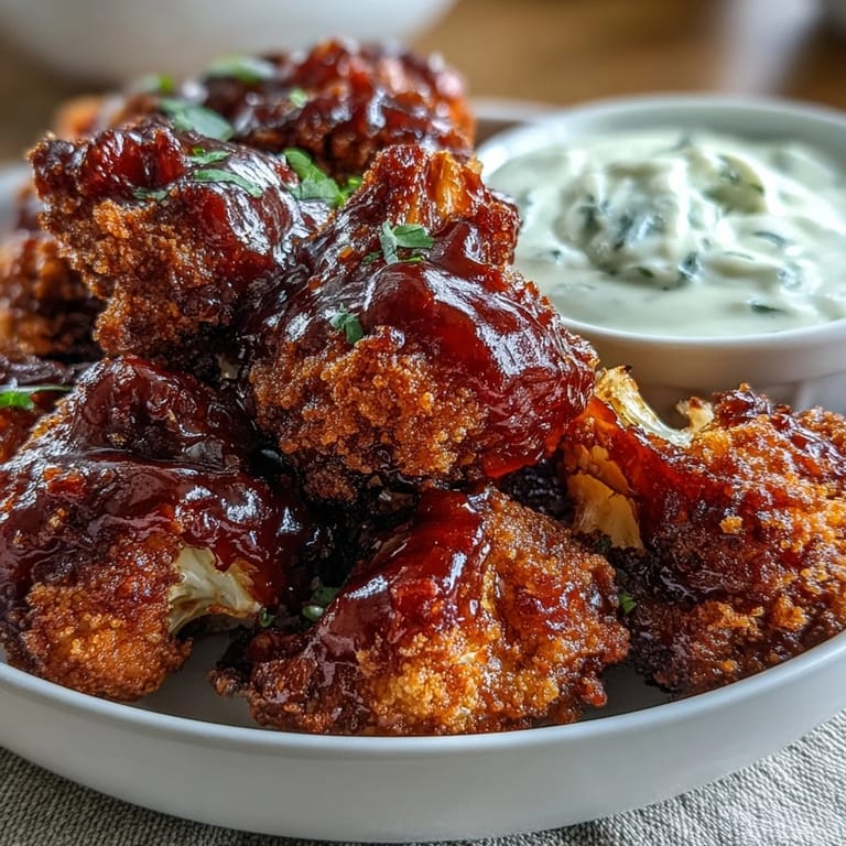 Smoky, saucy BBQ cauliflower wings served hot with cooling vegan ranch.