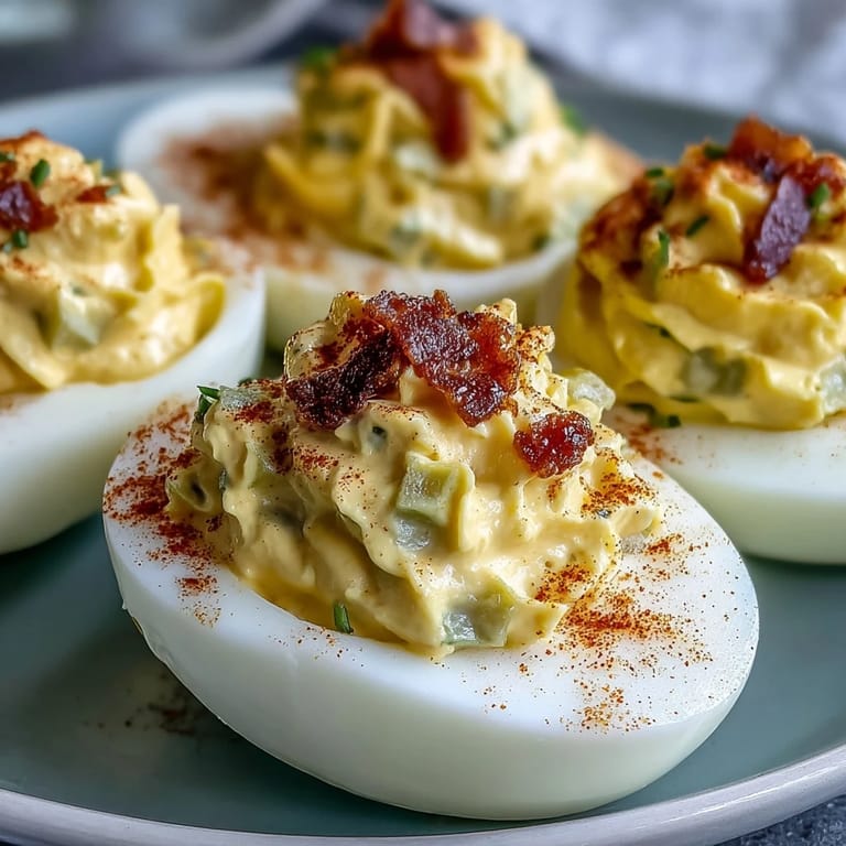 Close-up of tangy sweet pickle relish deviled eggs after preparation.