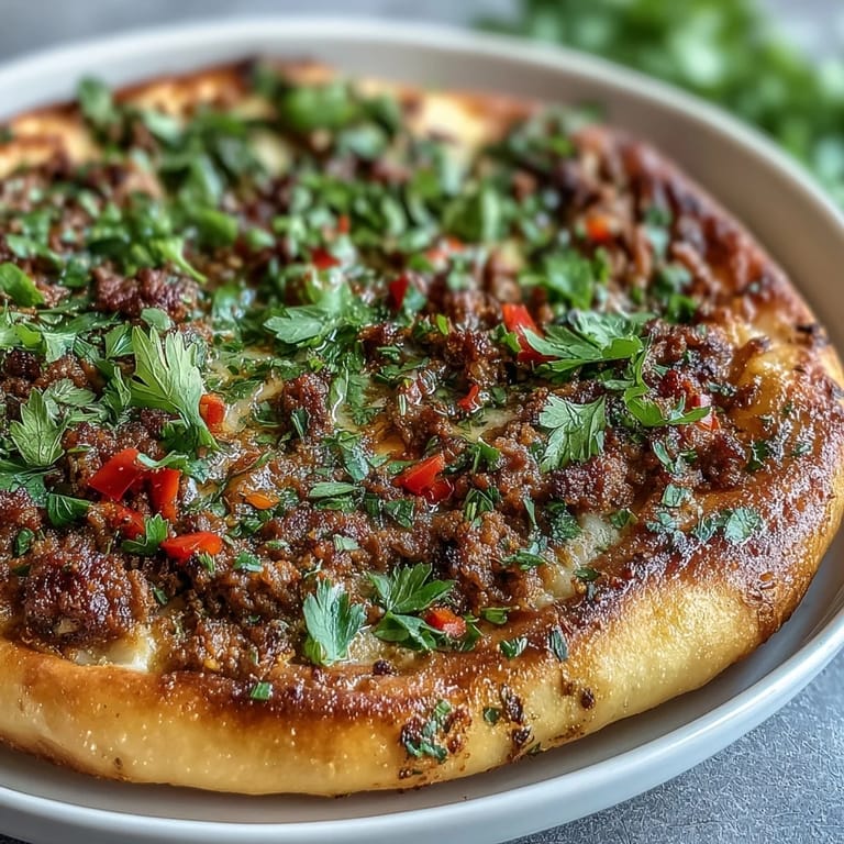 Deliciously baked Turkish Lahmacun Pizza with ground lamb, served with lemon and fresh herbs.