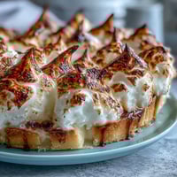 Freshly baked Lemon Meringue Pie with a golden-brown, torched meringue topping and bright lemon curd peeking from a flaky crust.