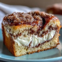 A thick slice of Cream Cheese Cinnamon Swirl Banana Bread reveals moist yellow crumb and a creamy white layer.