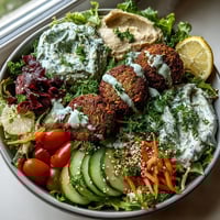 Vibrant falafel bowl with crispy falafel balls, creamy hummus, fresh greens, and a drizzle of tahini sauce.  