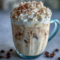 Vanilla Bean Frappuccino Protein Shake in a tall glass, topped with whipped cream and a sprinkle of cinnamon.