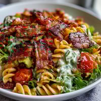 A vibrant BLT pasta salad with crispy bacon, ripe avocado, and fresh cherry tomatoes, perfect for summer picnics or potlucks.
