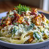 Creamy Lemon Orzo with Chicken and Spinach in a skillet, garnished with parsley and Parmesan cheese.