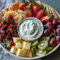 A vibrant spring fruit platter with strawberries, pineapple, and kiwi, served with creamy honey-yogurt dipping sauce for a refreshing snack.