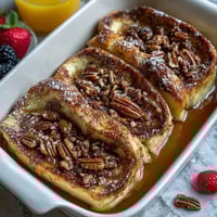 Fluffy pancake casserole baked golden and drizzled with maple syrup, ready for a cozy breakfast.  
