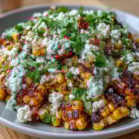 Vibrant Mexican Street Corn Salad with charred sweet corn, creamy dressing, Cotija cheese, and fresh cilantro in a colorful bowl.  