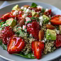 A vibrant strawberry avocado quinoa salad with fresh greens, creamy avocado, and juicy berries in citrus dressing.