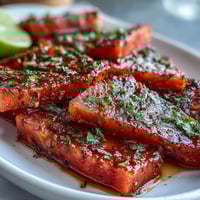Juicy watermelon slices topped with zesty Tajin seasoning and fresh lime juice for a refreshing, spicy-sweet snack perfect for summer.  