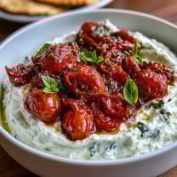 Whipped feta dip with roasted cherry tomatoes, garnished with fresh basil and a drizzle of olive oil, served with pita bread.  