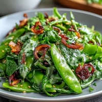 Crisp snap pea and radish salad with creamy tahini dressing, fresh mint, and sesame seeds for a vibrant spring dish.