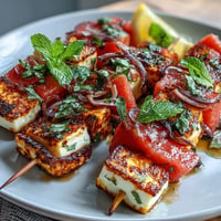 Juicy watermelon cubes and golden grilled halloumi cheese are threaded with fresh mint leaves on colorful skewers for a vibrant Mediterranean appetizer.