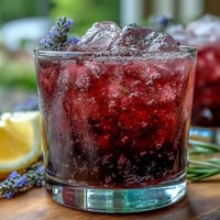 A vibrant glass of blackberry lavender lemonade fizz with fresh berries and a sprig of lavender on top.