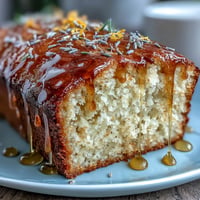 Moist lemon lavender loaf cake topped with a glossy honey glaze, featuring fresh zest and floral notes.