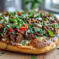 Golden Turkish Lahmacun Pizza, thin crust with savory lamb, sumac, and fresh toppings.