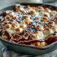 Gooey 4th of July S'mores Dip bubbling golden brown in a cast iron.